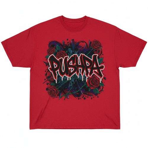 Pushpa Printed T-Shirt - Red with bold graffiti and rose motif