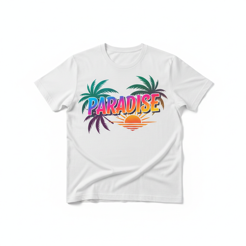 Paradise Printed T-Shirt - White with tropical neon gradient print