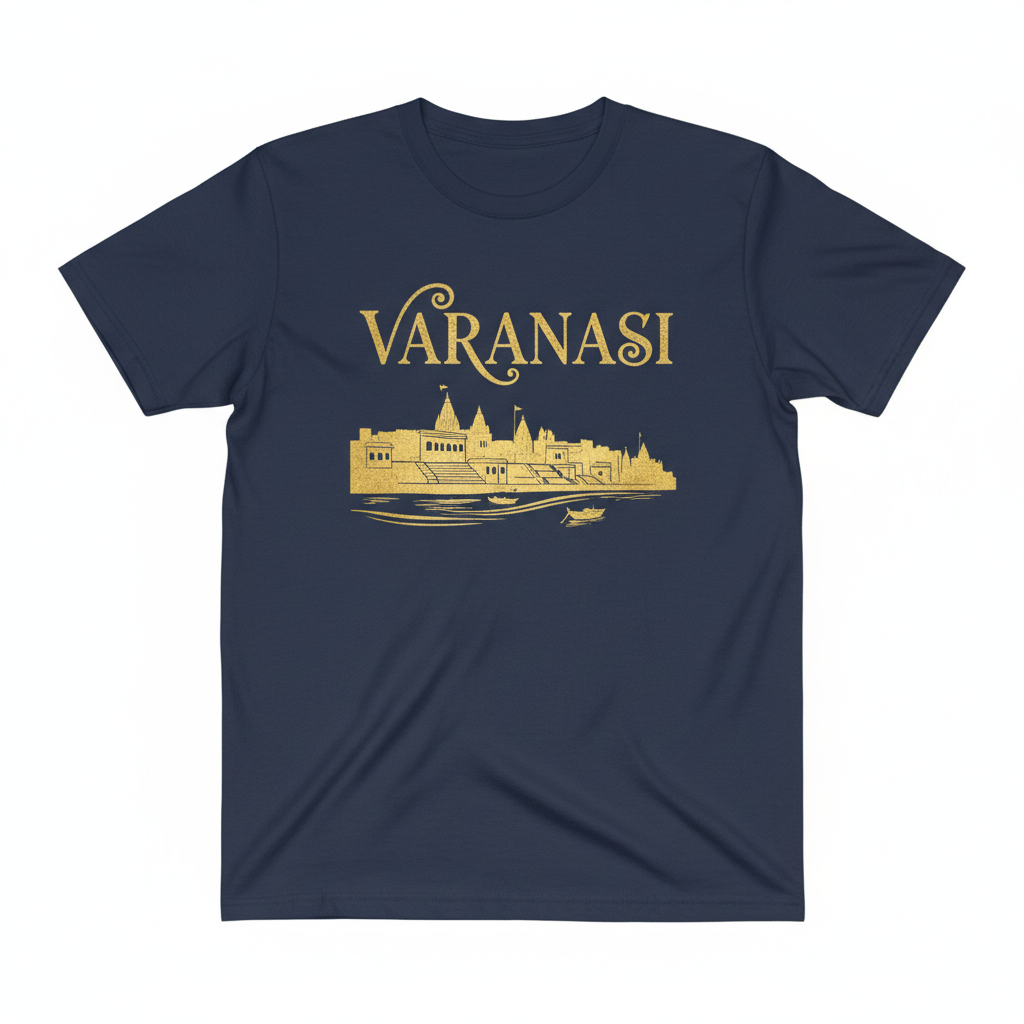 Varanasi Printed T-Shirt - Navy Blue with golden cultural typography